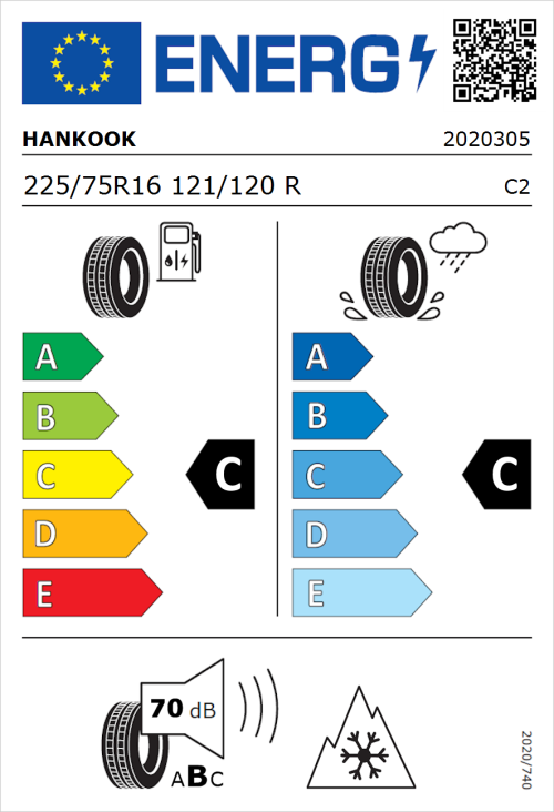Tyre Label for Hankook Vantra LT RA18 225/75R16 121/120R